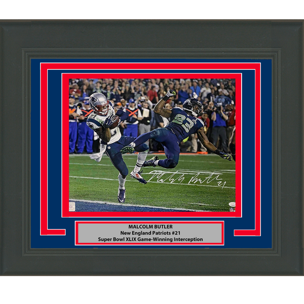 Framed Autographed/Signed Malcolm Butler GW INT Patriots SB 16x20 Photo JSA COA