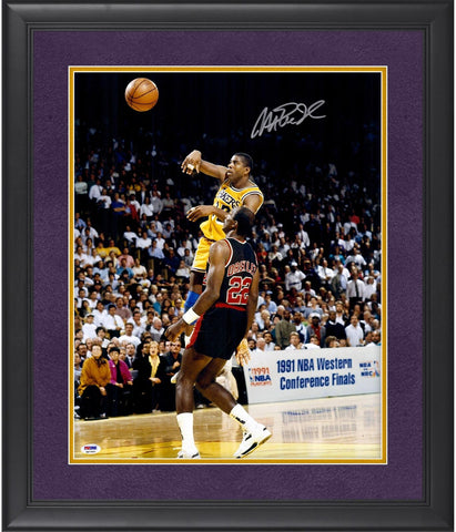 Magic Johnson Los Angeles Lakers FRMD Signed 16'' x 20'' vs. Clyde Drexler Photo