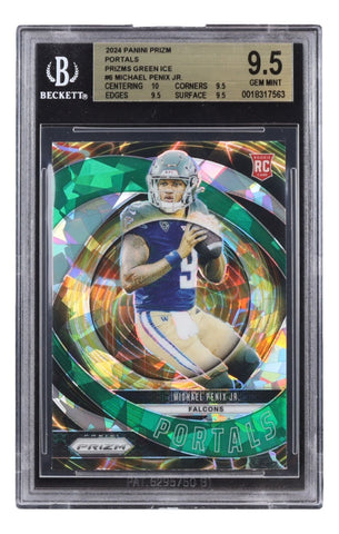 Michael Penix Jr 2024 Panini Prizm Green Ice #6 Falcons Rookie Card BAS 9.5