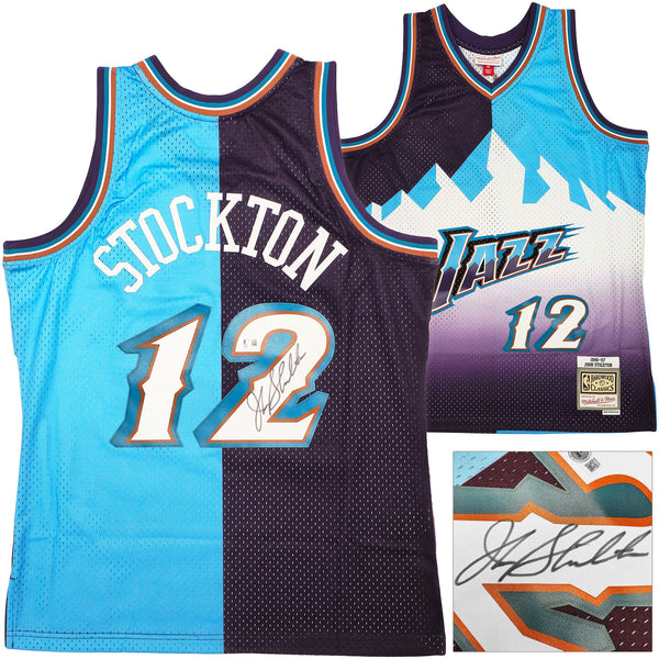 JAZZ JOHN STOCKTON AUTOGRAPHED M&N 1996-97 SPLIT JERSEY L BECKETT 224340
