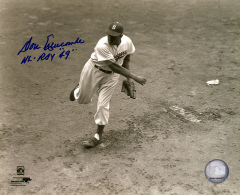Don Newcombe Signed Dodgers B&W Pitching 8x10 Photo w/NL ROY 49 - (SCHWARTZ COA)
