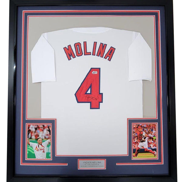 Framed Autographed/Signed Yadier Molina 35x39 St. Louis White Jersey COA
