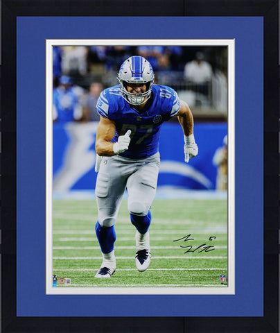 Framed Sam LaPorta Detroit Lions Signed 16x20 Running Route in Blue Jersey Photo