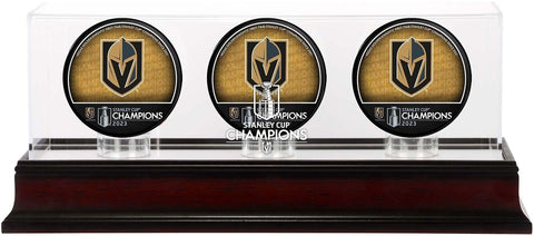 Golden Knights \'23 SC Champs Mahogany Three Hockey Puck Logo Display Case