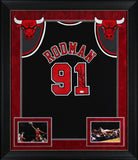Bulls Dennis Rodman Signed Black M&N HWC Swingman Framed Jersey w/ Black Sig JSA