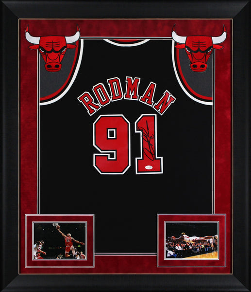 Bulls Dennis Rodman Signed Black M&N HWC Swingman Framed Jersey w/ Black Sig JSA