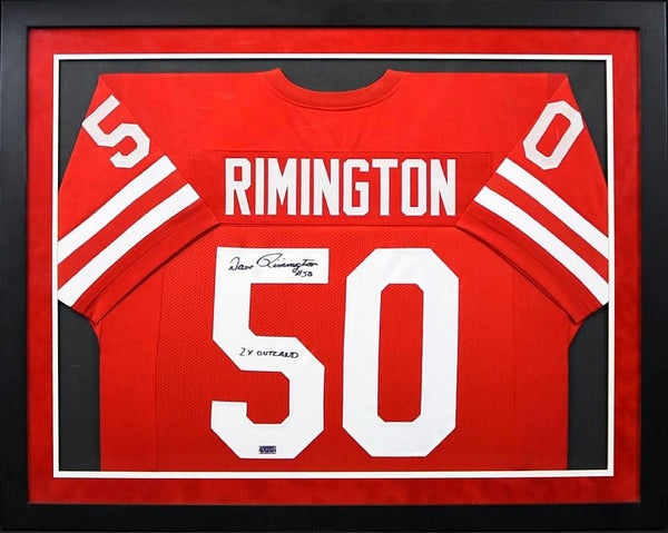 DAVE RIMINGTON SIGNED NEBRASKA CORNHUSKERS #50 FRAMED JERSEY W/ 2X OUTLAND