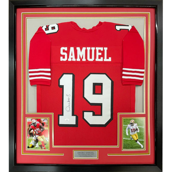 FRAMED Autographed/Signed DEEBO SAMUEL 35x39 Red Alternate Jersey JSA COA
