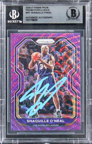 Lakers Shaquille O'Neal Signed 2020 Panini Prizm Purple Wave #207 Card BAS Slab