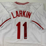 Autographed/Signed Barry Larkin Cincinnati White Jersey Beckett BAS COA