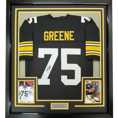 Framed Autographed/Signed Mean Joe Greene 35x39 Pittsburgh Black Jersey JSA COA