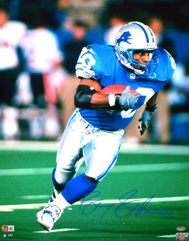 Barry Sanders Autographed Detroit Lions 16x20 Blue Running Photo-Beckett W Holo