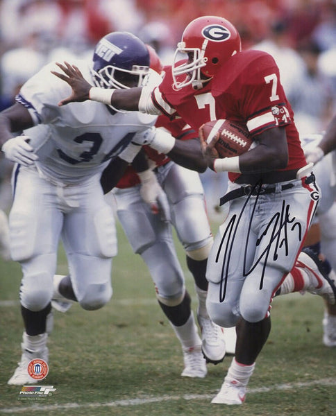 Rodney Hampton Signed Georgia Red Jersey Action 8x10 Photo - (SCHWARTZ COA)