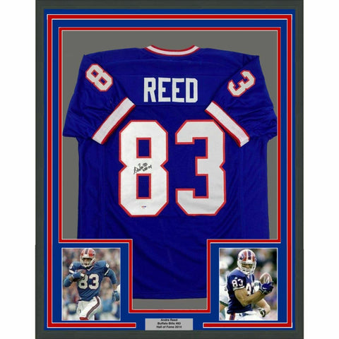 FRAMED Autographed/Signed ANDRE REED HOF 14 33x42 Buffalo Blue Jersey PSA COA