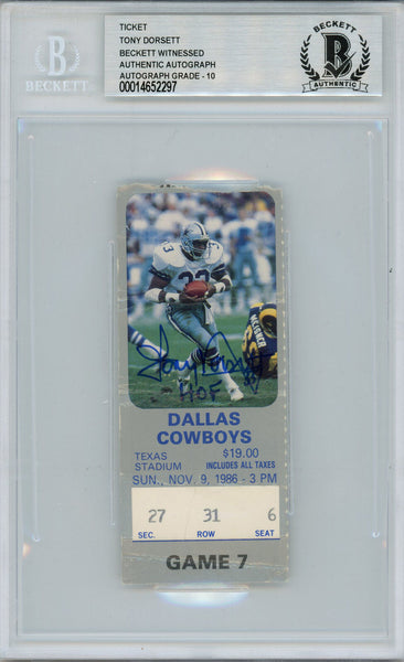 Tony Dorsett Autographed/Signed 11/9/1986 Ticket Beckett Slab 39179