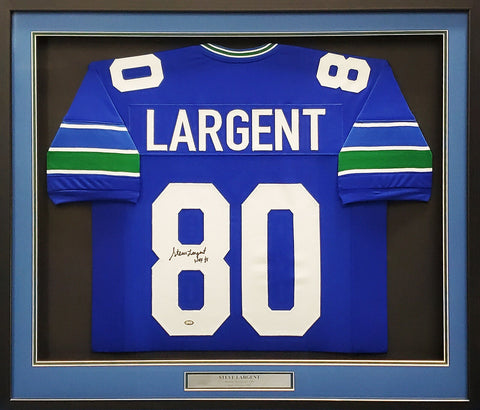 SEAHAWKS STEVE LARGENT AUTOGRAPHED FRAMED BLUE JERSEY "HOF 95" MCS HOLO 197164