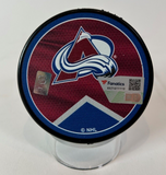 Martin Necas Autographed Colorado Flag/Avalanche Jersey Puck (Fanatics COA)