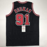 Autographed/Signed DENNIS RODMAN Chicago Black Jersey JSA COA Auto