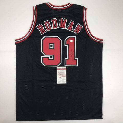 Autographed/Signed DENNIS RODMAN Chicago Black Jersey JSA COA Auto