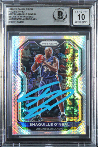 Lakers Shaquille O'Neal Signed 2020 Panini Prizm PH #207 Card Auto 10 BAS Slab