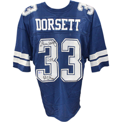 Tony Dorsett Signed Dallas Cowboys Russell Blue 48 Jersey 2 Insc BAS 48480
