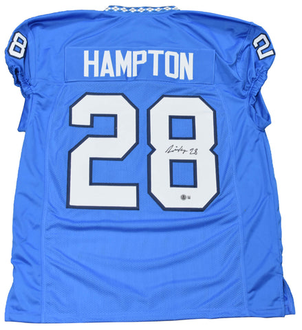 OMARION HAMPTON SIGNED NORTH CAROLINA TAR HEELS #28 BLUE GAME CUT JERSEY BECKETT