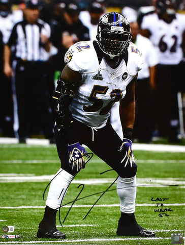Ray Lewis Signed Ravens 16x20 Stance Photo w/Last to Wear 52- Beckett W Hologram