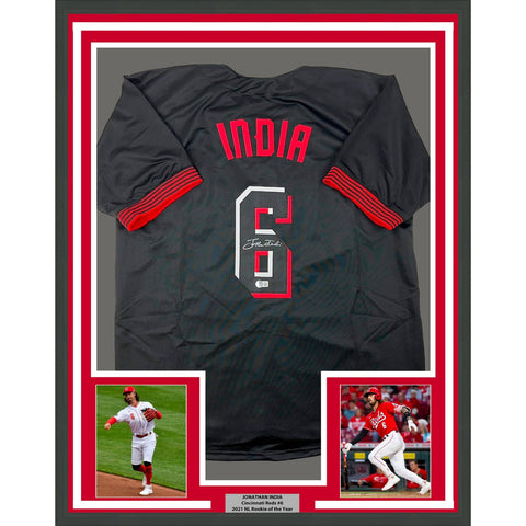 Framed Autographed/Signed Jonathan India 35x39 Black Connect Jersey BAS COA