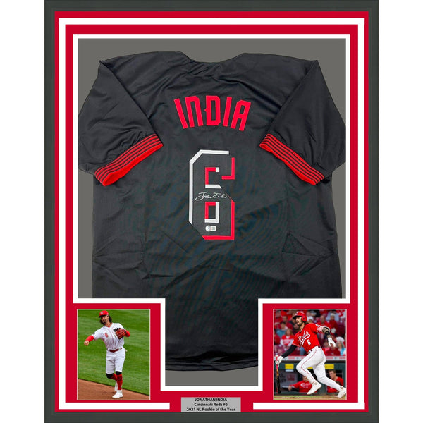 Framed Autographed/Signed Jonathan India 35x39 Black Connect Jersey BAS COA