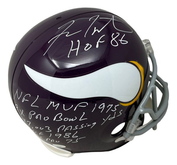 Fran Tarkenton Signed Vikings Full Size Replica Helmet w/ Stats Insc JSA Holo