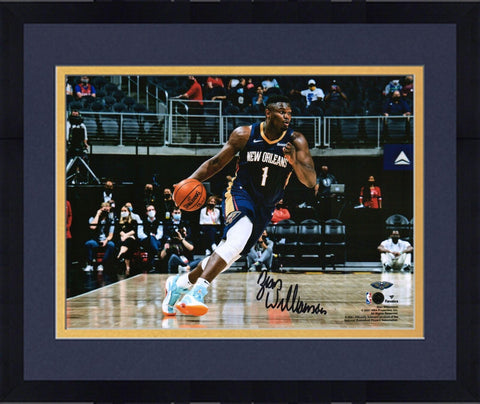 FRMD Zion Williamson Pelicans Signed 8x10 Dribbling In Navy Jersey Photo