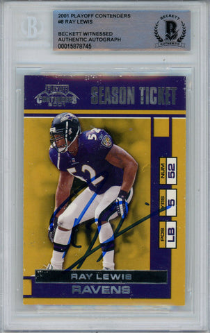 Ray Lewis Signed 2001 Playoff Contenders #8 Trading Card Beckett Slab 43375
