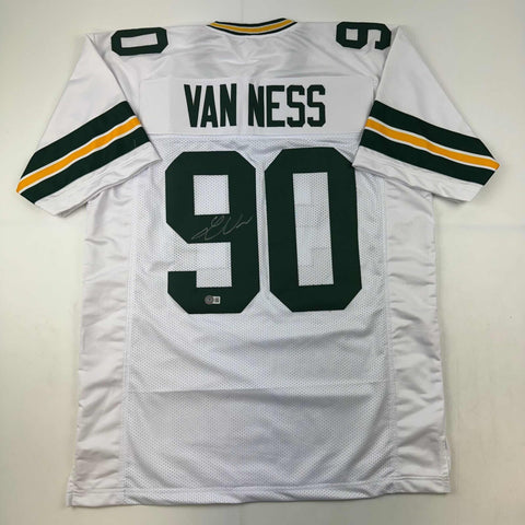 Autographed/Signed Lukas Van Ness Green Bay White Football Jersey BAS COA