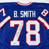 Autographed/Signed Bruce Smith HOF 09 Buffalo Blue Football Jersey Beckett COA
