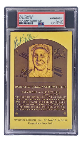 Bob Feller Signed 4x6 Cleveland Hall Of Fame Plaque Card PSA/DNA 85027785