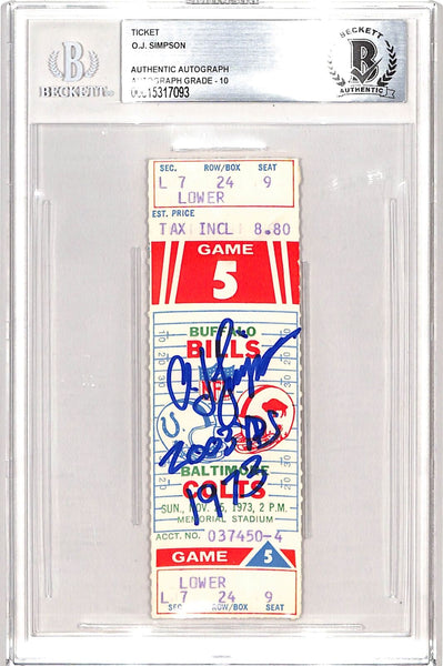 OJ Simpson Signed 11/25/73 Ticket Stub Insc. Grade 10 Auto Beckett 42705