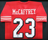 49ERS CRISTIAN MCCAFFREY AUTOGRAPHED FRAMED RED JERSEY BECKETT WITNESS 218631