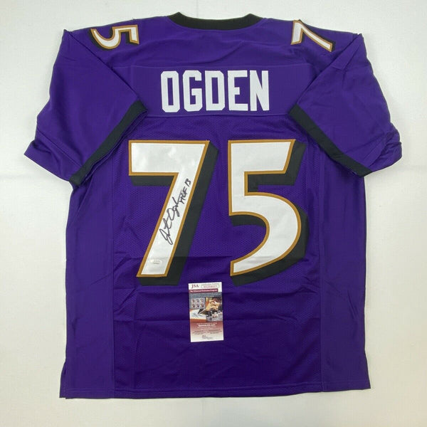 Autographed/Signed JONATHAN OGDEN HOF 13 Baltimore Purple Jersey JSA COA Auto