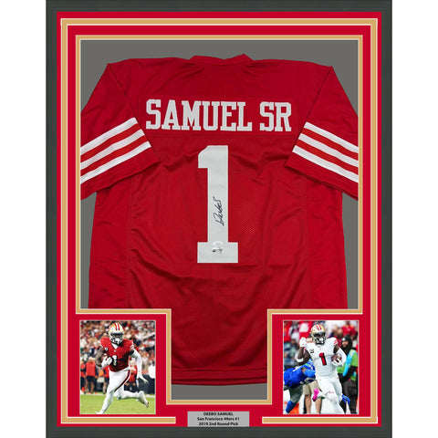 Framed Autographed/Signed Deebo Samuel 35x39 San Francisco Red Jersey JSA COA