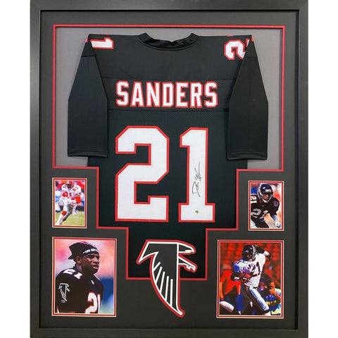 Deion Sanders Black Throwback Falcons Autographed Signed Framed Jersey BECKETT