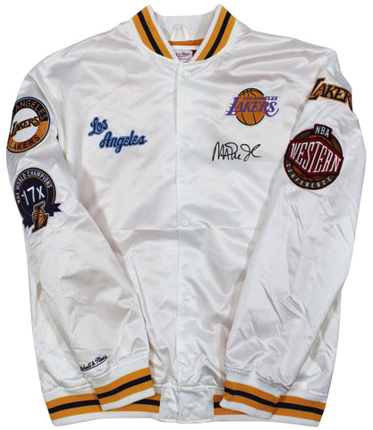 Lakers Magic Johnson Signed White M&N HWC Bomber Jacket w/ Patches BAS Witness