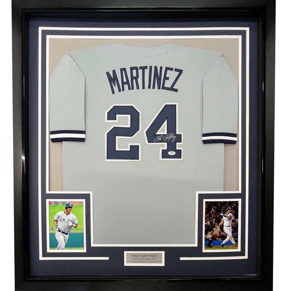 FRAMED Autographed/Signed TINO MARTINEZ 35x39 New York Grey Jersey PSA COA