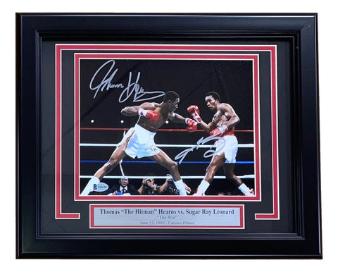 Sugar Ray Leonard Thomas Hearns Signed Framed 8x10 Horizontal Boxing Photo BAS