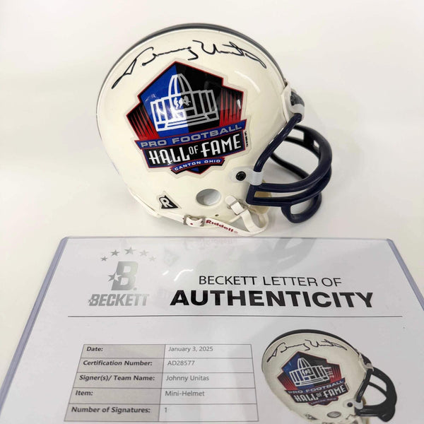 colts football helmet signed Autographed/Signed Johnny Unitas Hall of Fame Colts Mini Football Helmet BAS LOA