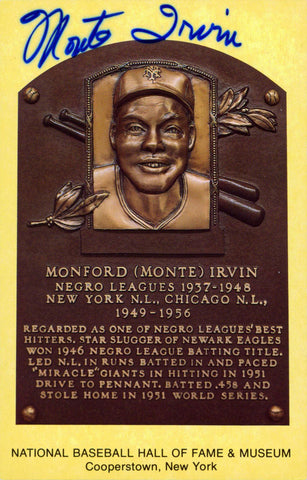Yankees Monte Irvin Authentic Signed 3.5x5.5 HOF Plaque Postcard JSA #T12738
