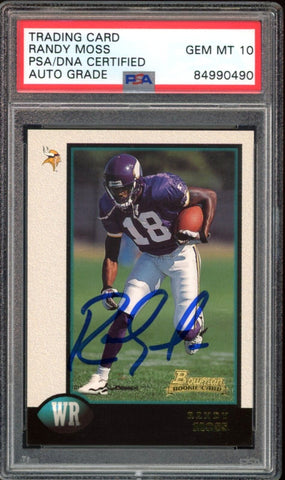 1998 Bowman #182 Randy Moss RC Rookie Vikings On Card PSA Auto GEM MINT 10
