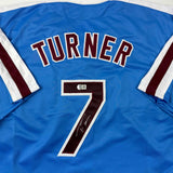 Autographed/Signed Trea Turner Philadelphia Blue Retro Jersey Beckett BAS COA