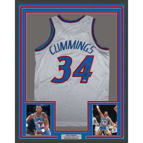 Framed Autographed/Signed Terry Cummings 35x39 LA White Jersey Beckett COA