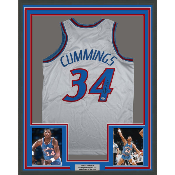 Framed Autographed/Signed Terry Cummings 35x39 LA White Jersey Beckett COA