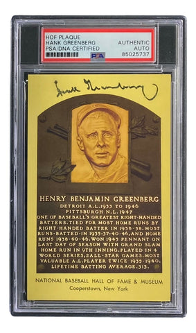 Hank Greenberg Signed 4x6 Detroit Tigers HOF Plaque Card PSA 85025737